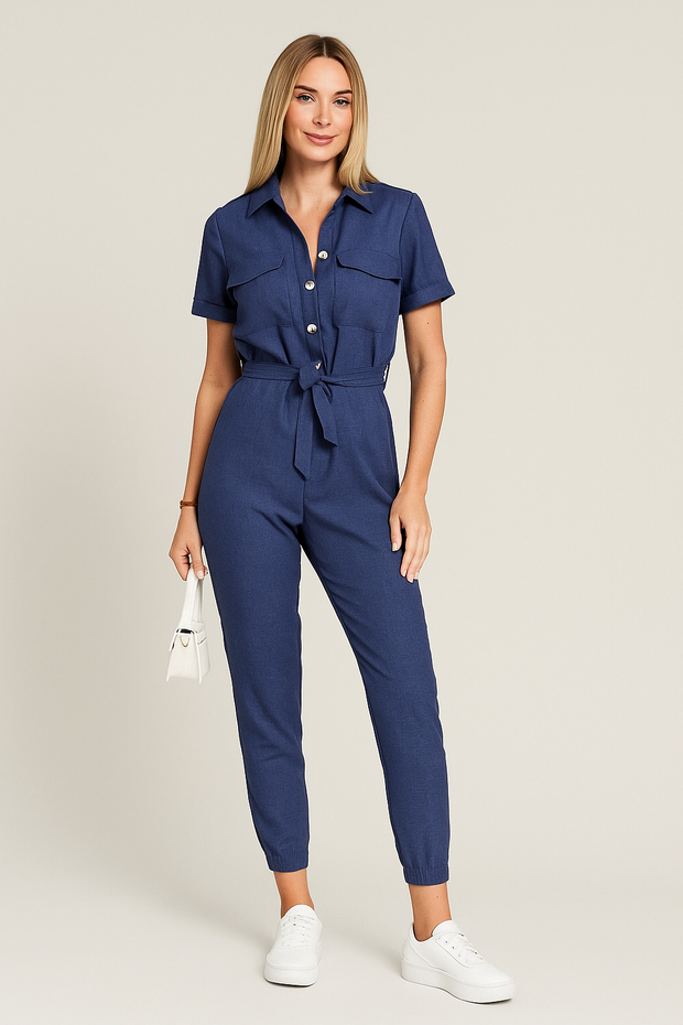 Damen - Kurzarm-Jumpsuit mit Gürtel