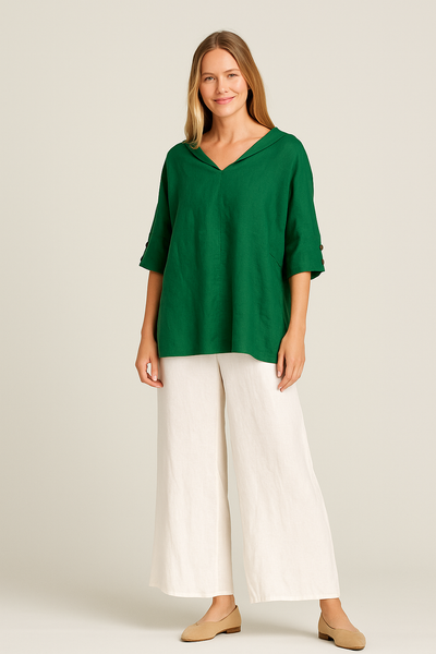 Damen – Leinenshirt mit V-Ausschnitt und lockerer Passform