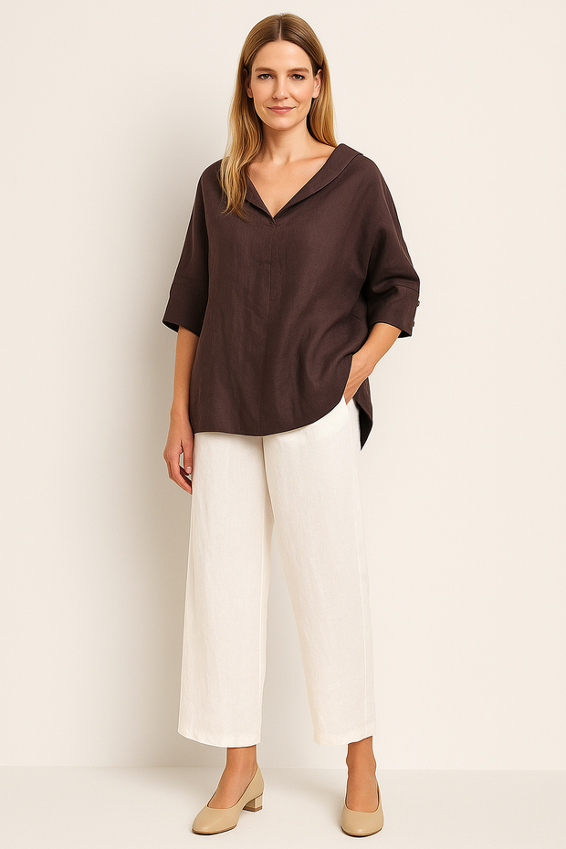 Damen – Leinenshirt mit V-Ausschnitt und lockerer Passform