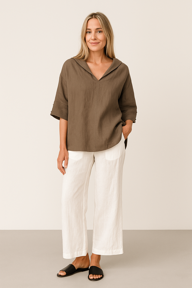 Damen – Leinenshirt mit V-Ausschnitt und lockerer Passform
