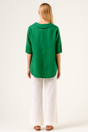 Damen – Leinenshirt mit V-Ausschnitt und lockerer Passform