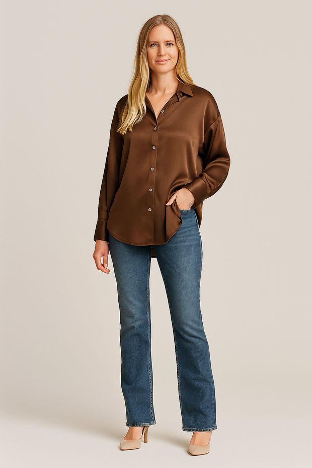 Damen – Satinbluse mit legerem Schnitt und elegantem Glanz