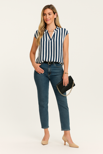 Damen – Bluse mit Streifenmuster und V-Ausschnitt