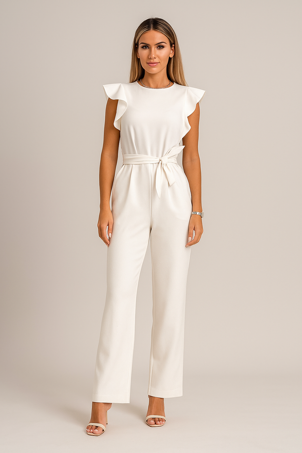 Damen – Kurzarm-Jumpsuit mit weitem Bein und Gürtel
