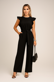 Damen – Kurzarm-Jumpsuit mit weitem Bein und Gürtel