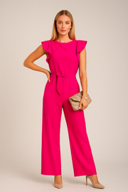 Damen – Kurzarm-Jumpsuit mit weitem Bein und Gürtel