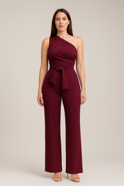 Damen – One-Shoulder-Jumpsuit mit Bindegürtel