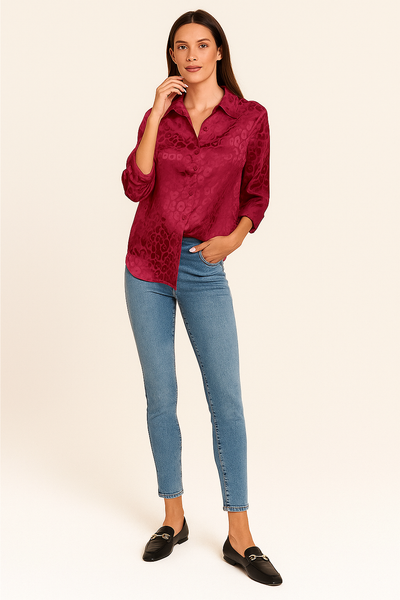 Damen – Satinbluse mit Leopardenmuster und klassischem Schnitt