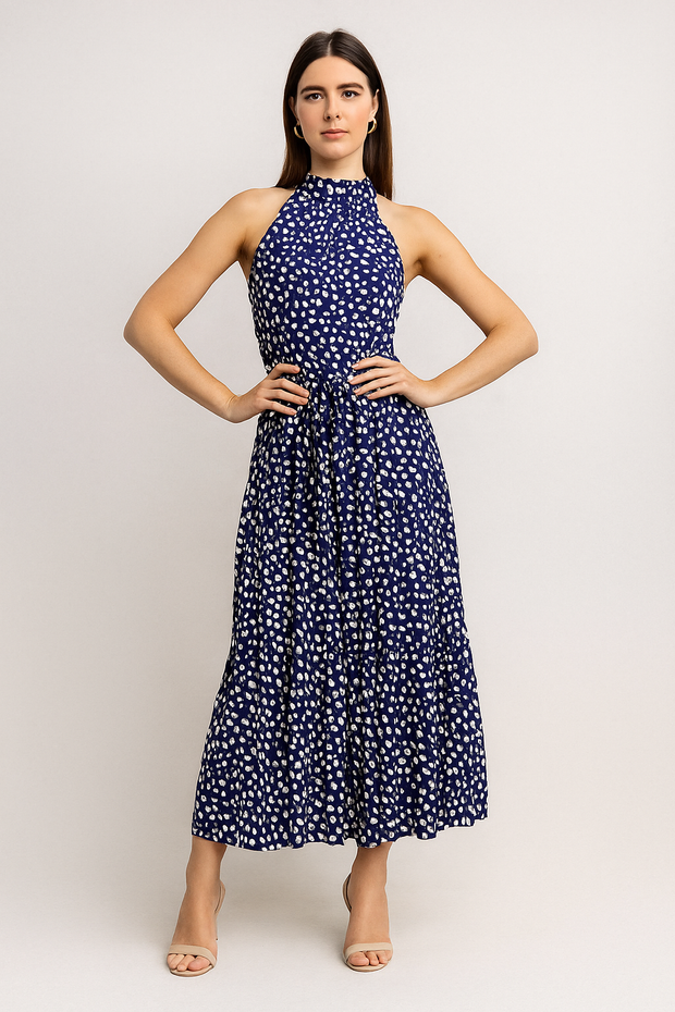 Damen – Gepunktetes Neckholder-Midi-Kleid