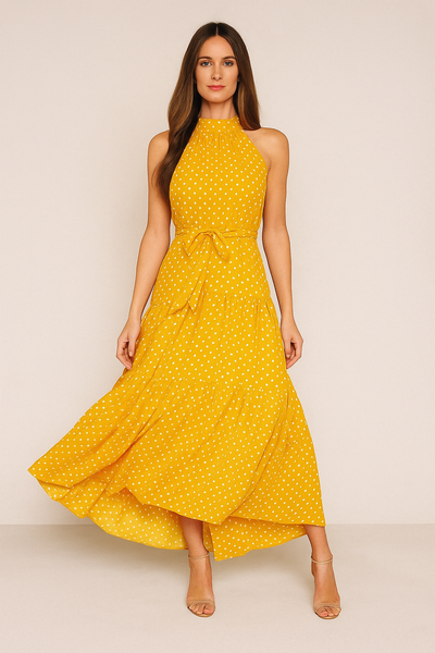 Damen – Gepunktetes Neckholder-Midi-Kleid