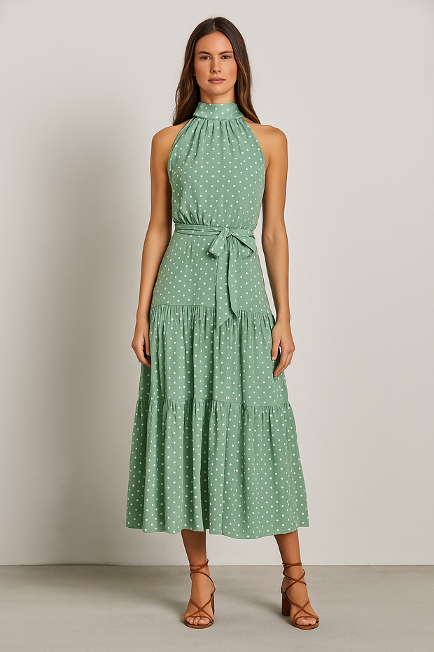 Damen – Gepunktetes Neckholder-Midi-Kleid