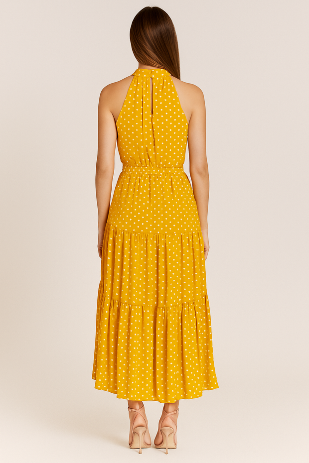 Damen – Gepunktetes Neckholder-Midi-Kleid