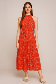 Damen – Gepunktetes Neckholder-Midi-Kleid