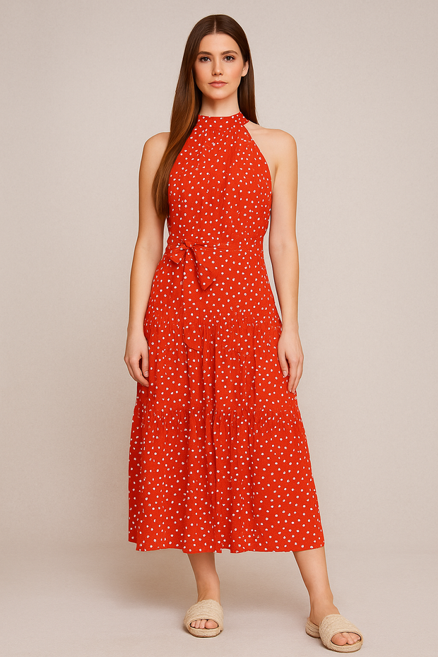 Damen – Gepunktetes Neckholder-Midi-Kleid