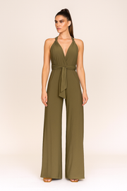 Damen – Jumpsuit mit V-Ausschnitt und weitem Bein