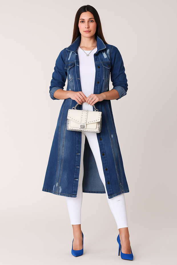 Damen – Langer Trenchcoat im Denim-Stil