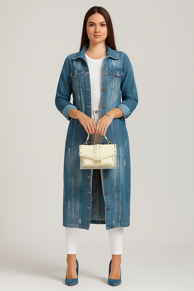 Damen – Langer Trenchcoat im Denim-Stil