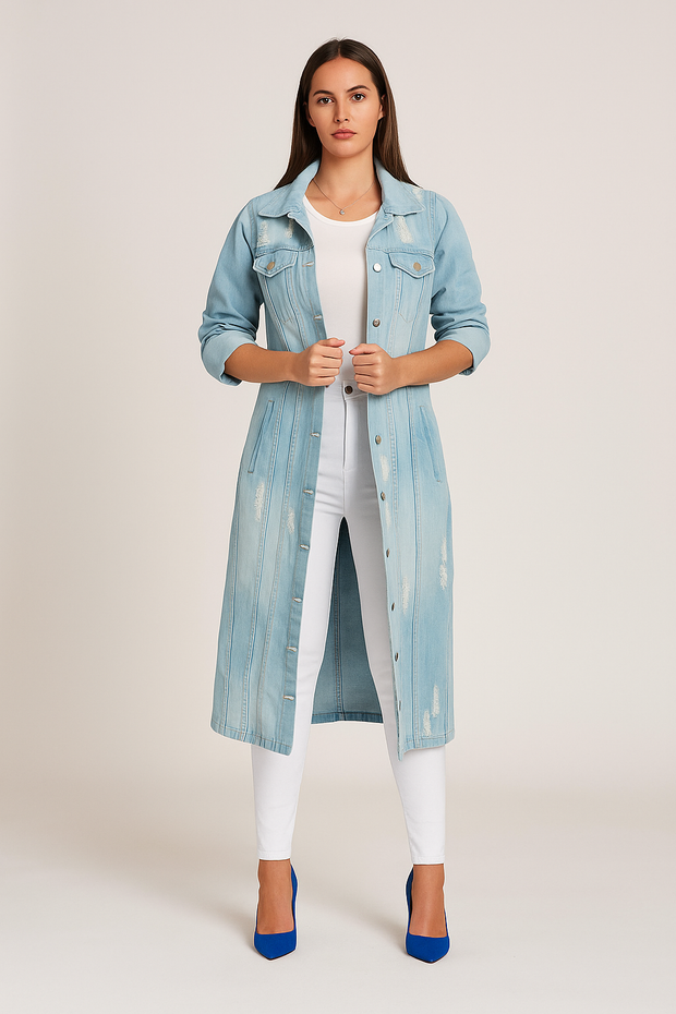 Damen – Langer Trenchcoat im Denim-Stil