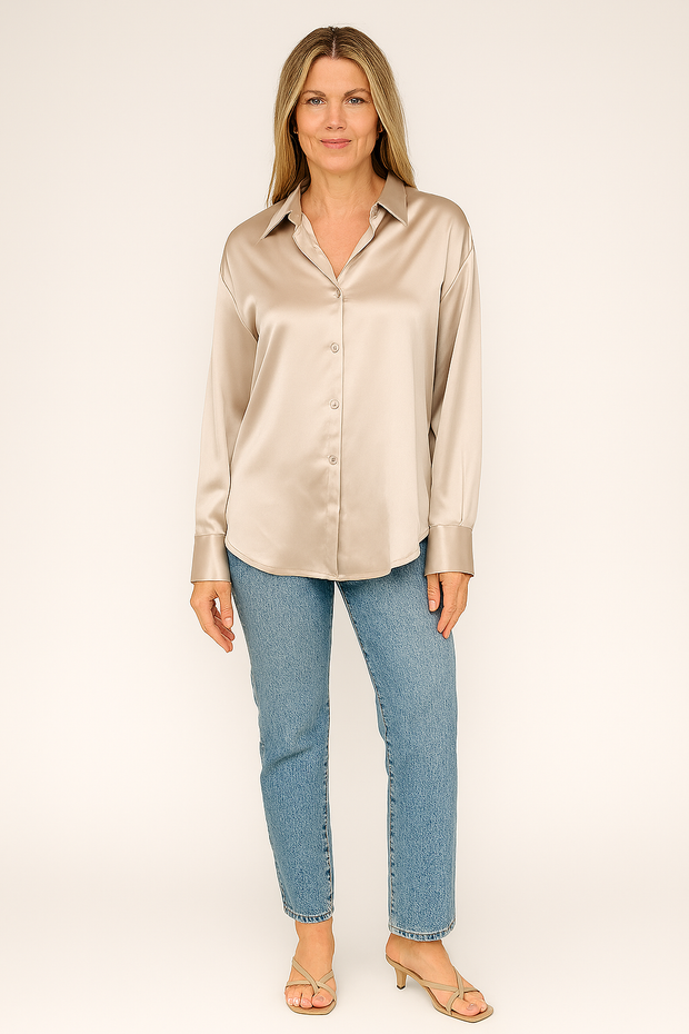 Damen – Satinbluse mit legerem Schnitt und elegantem Glanz