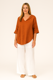 Damen – Leinenshirt mit V-Ausschnitt und lockerer Passform